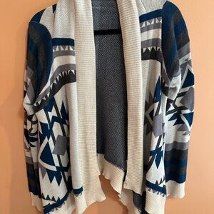 Pink Rose Geometric Patterned Cardigan Sweater - Blue and Cream